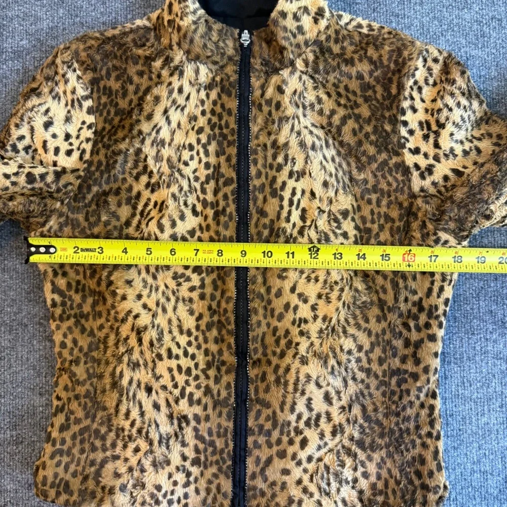 Y2K Leopard Print Faux Fur Rhinestone Zip Up Jacket Mock Neck Brown Black Small
